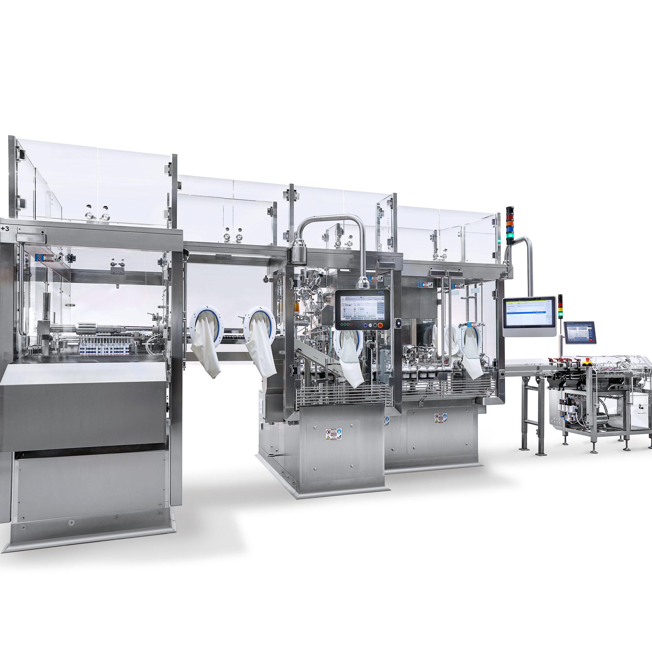 Sterile Abfüllanlage mit Handschuhports, Bedienpaneelen und geschlossener Schutzverglasung.