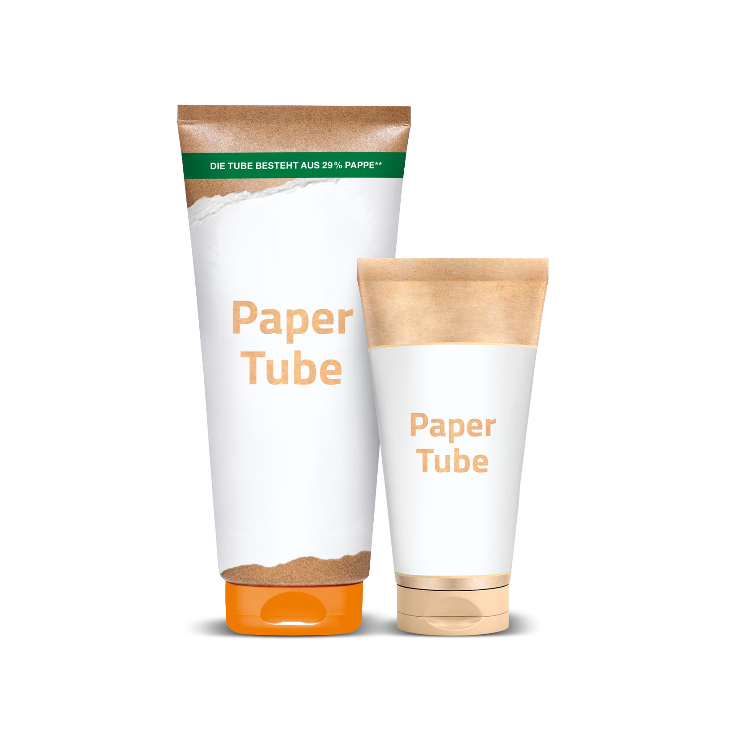 Zwei nachhaltige Papiertuben mit reduziertem Kunststoffanteil.