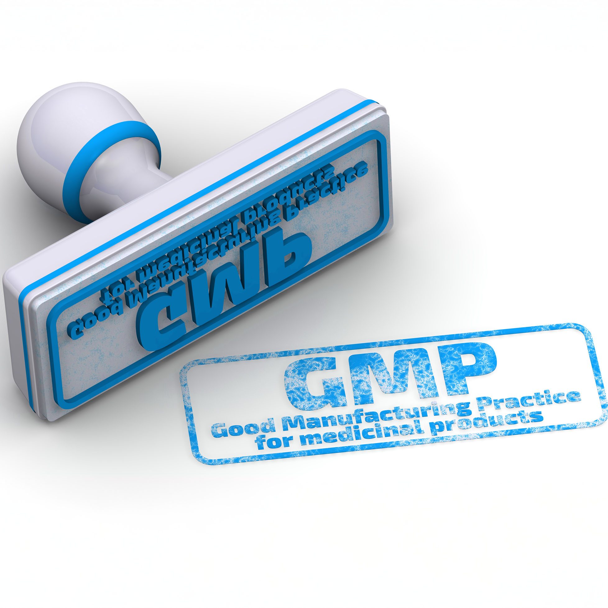 GMP‑Stempel mit dem Aufdruck „Good Manufacturing Practice for medicinal products“.