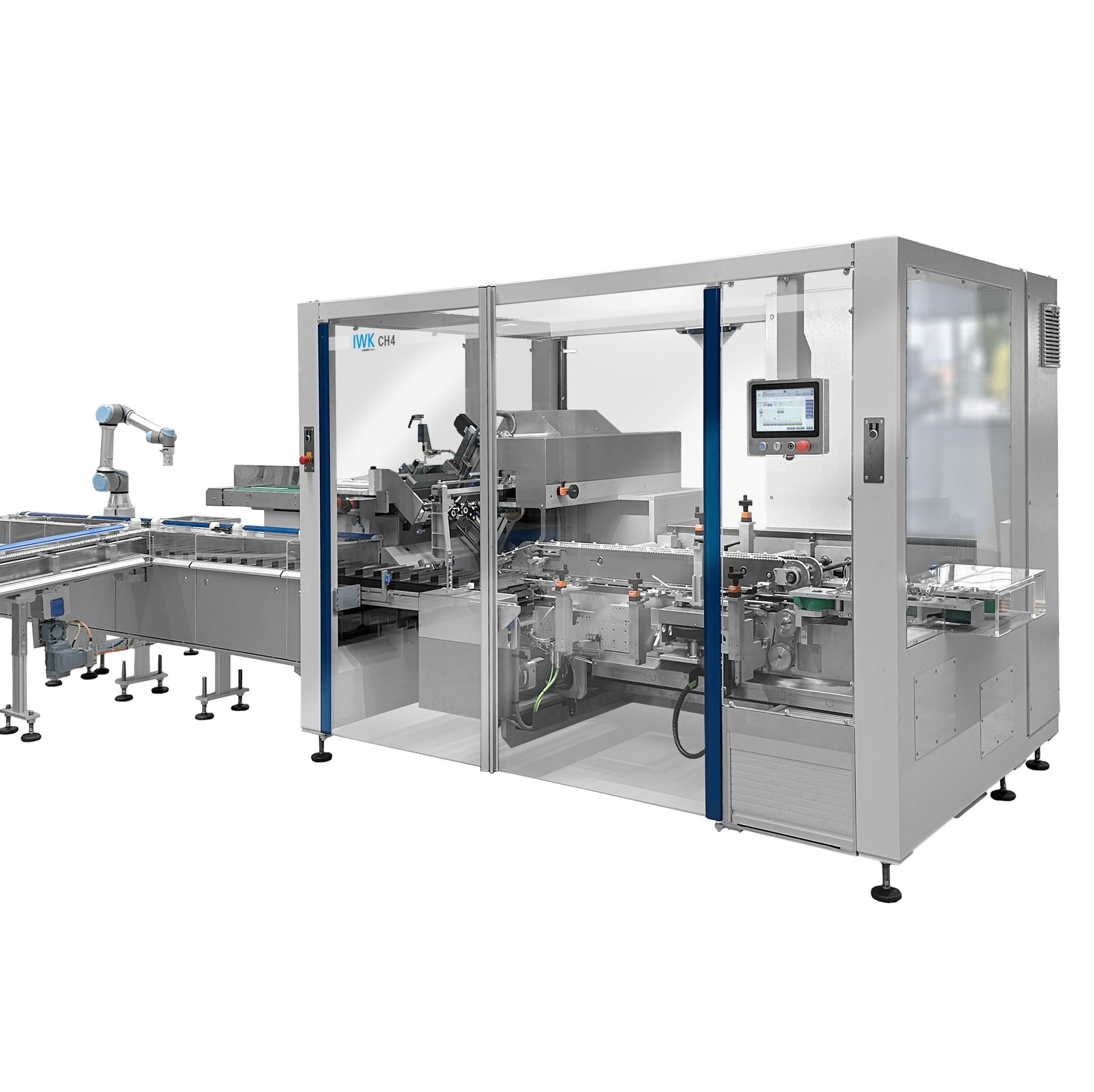 IWK CH4 Kartonierer mit modularer Verarbeitungseinheit und Schutzverglasung.