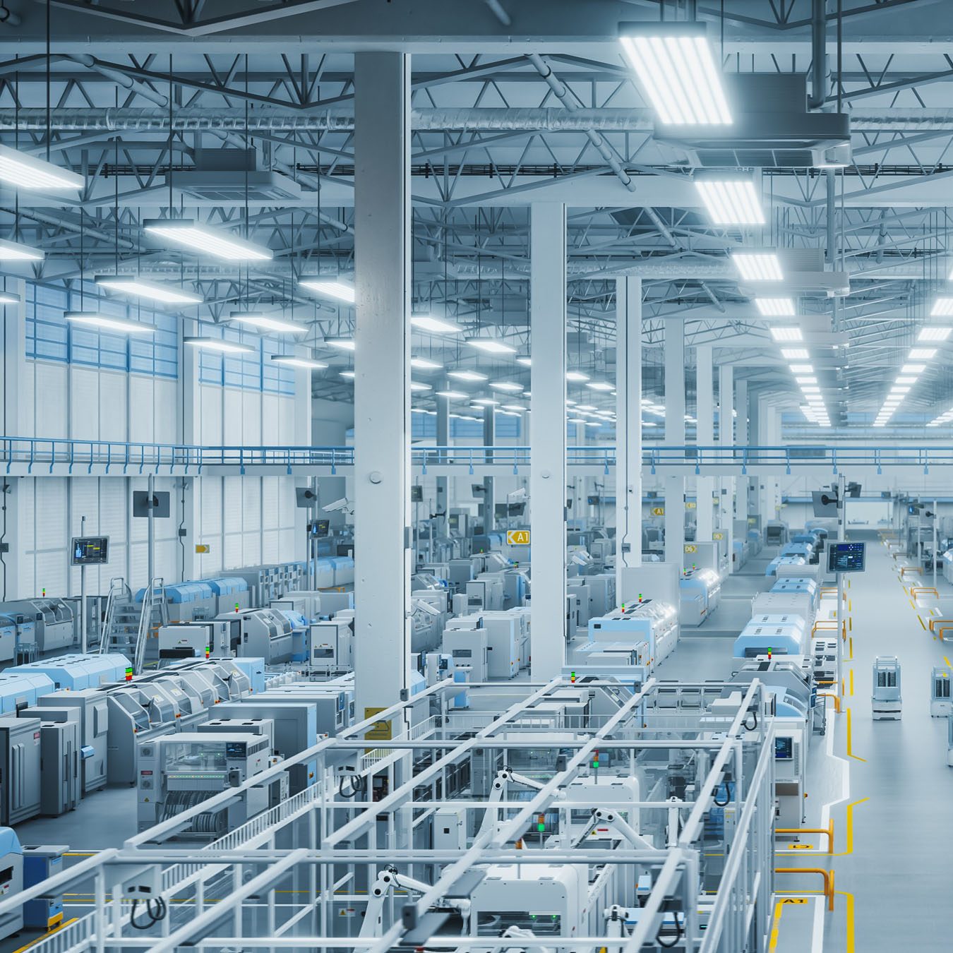 Moderne Produktionshalle mit vollautomatisierten Maschinenlinien und strukturiertem Anlagenlayout.