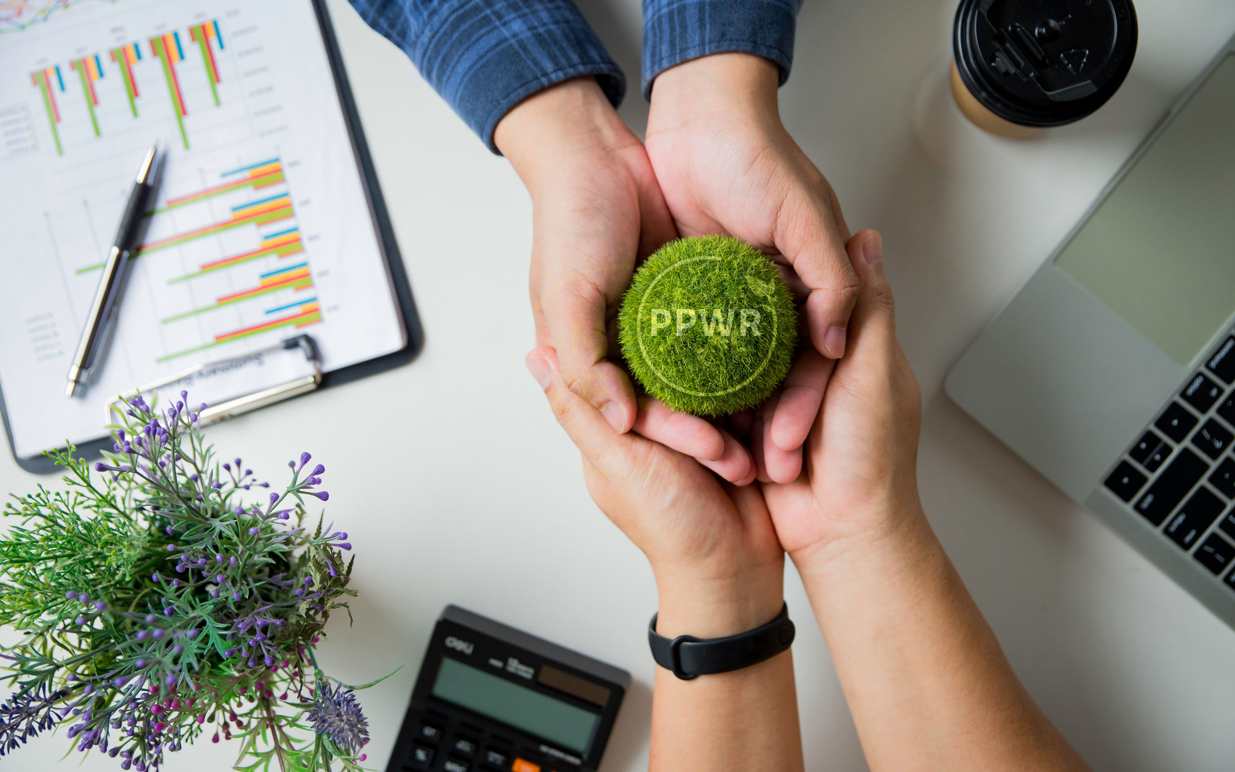 Zwei Hände halten gemeinsam eine Mooskugel mit PPWR‑Kennzeichnung über einem Schreibtisch mit Unterlagen und Laptop.