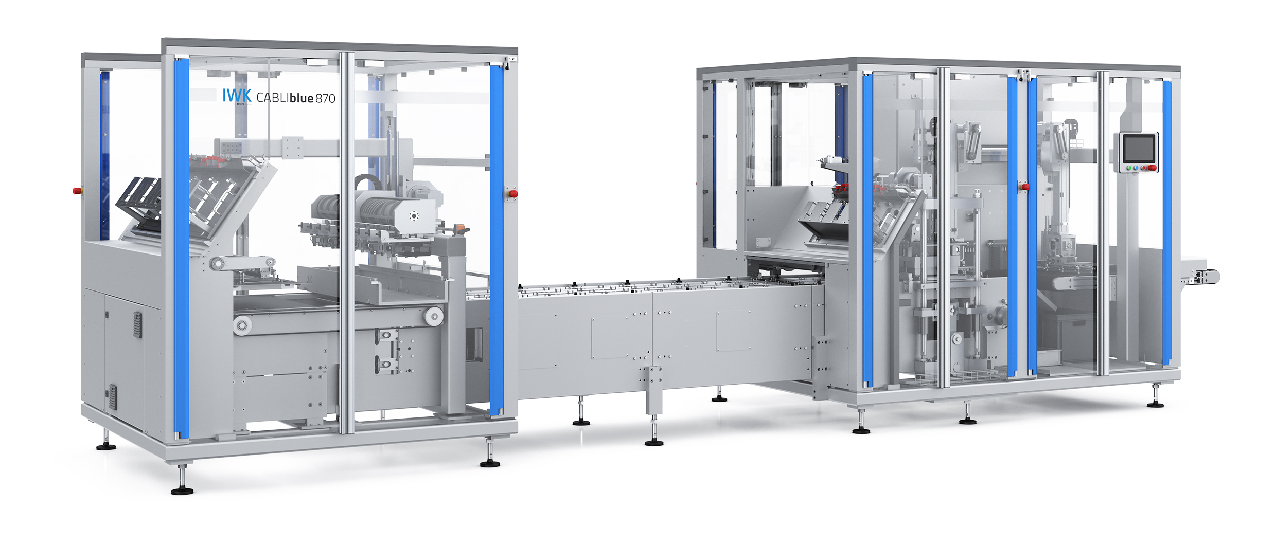 Vollkarton-Blistermaschine IWK CABLIblue 870 für nachhaltige Card-to-Card-Verpackungen.