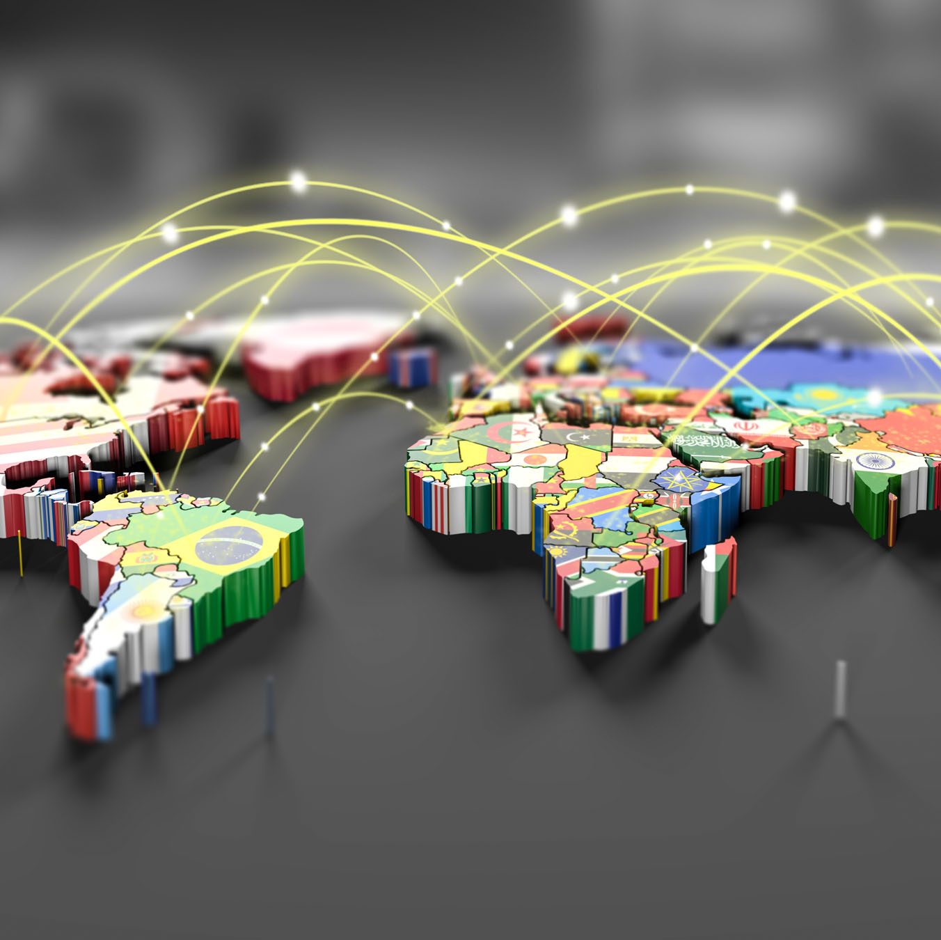 3D world map with glowing network connections between countries.
