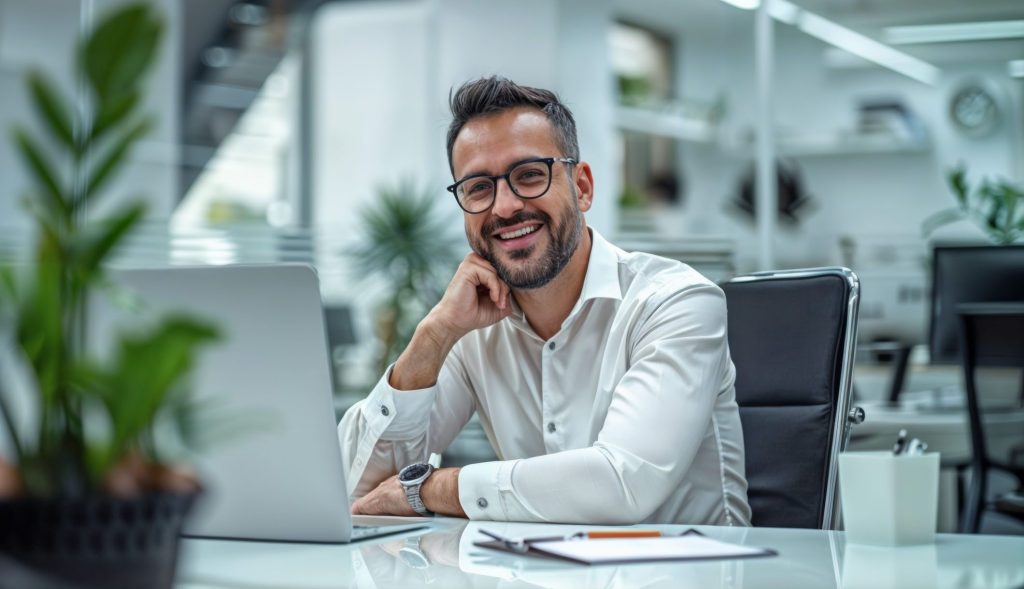Arbeitsplatz im modernen Büro mit Laptop und Fokus auf digitale Serviceprozesse.