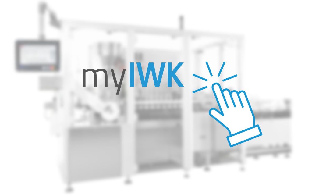 Grafik mit myIWK‑Logo und Klicksymbol vor einer unscharfen Maschinenanlage.