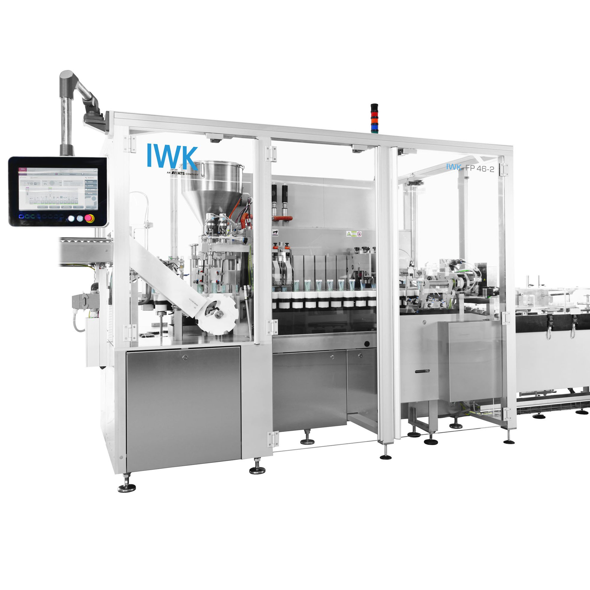 IWK FP46 tube filling machine with dosing system and integrated process automation.