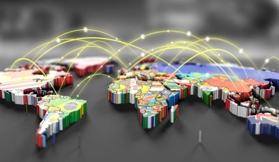 3D world map with glowing network connections between countries.