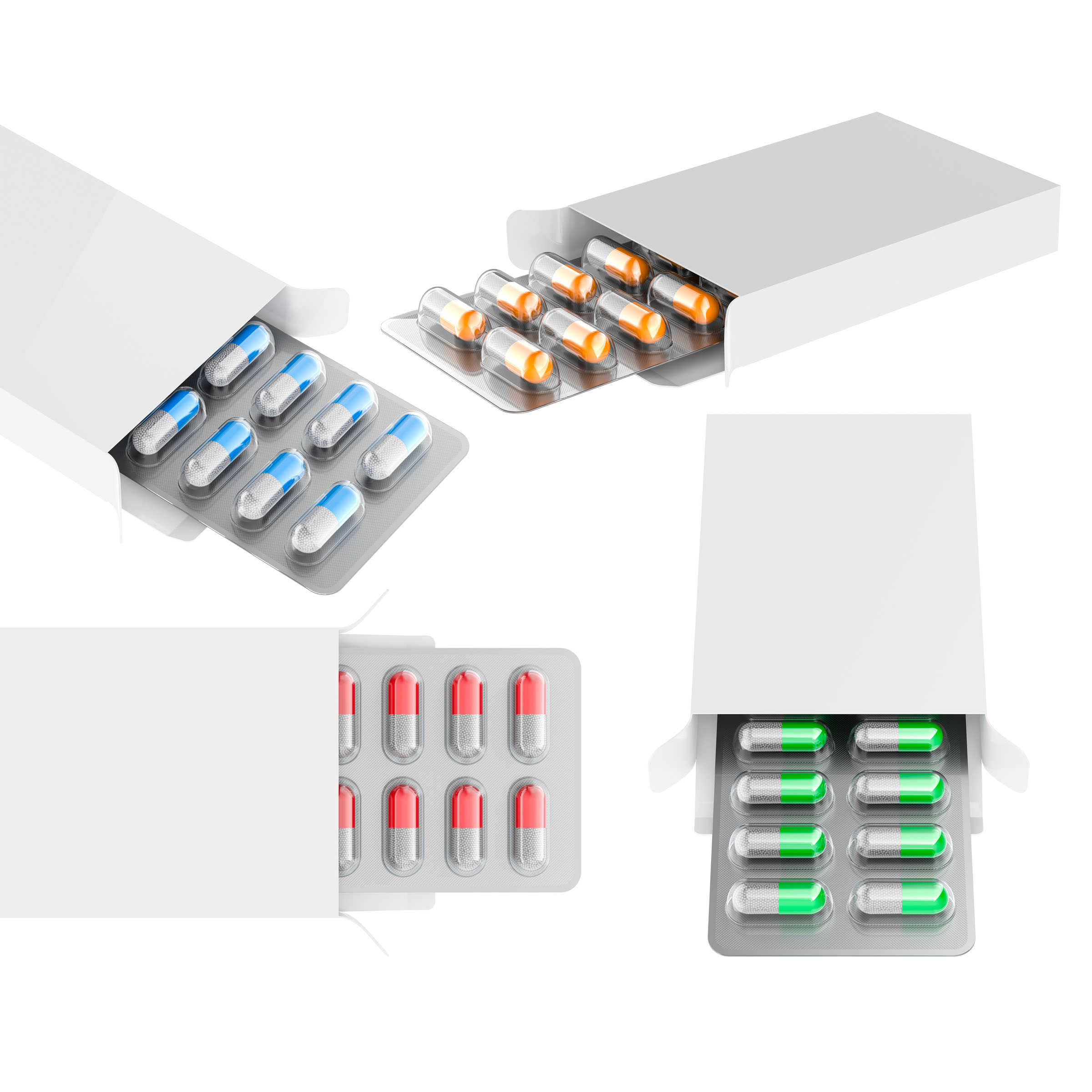 Several blister packs with colour-sorted capsules in opened folding boxes.