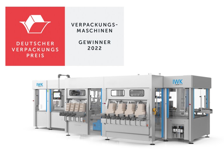 Award "German Packaging Award 2022" with illustration of an IWK packaging machine.