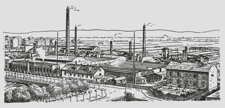 Historical drawing of an industrial factory site with chimneys and factory halls from the late 19th century.