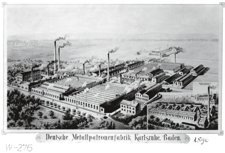 Historical lithograph of a large-scale industrial plant with numerous factory halls and chimneys.