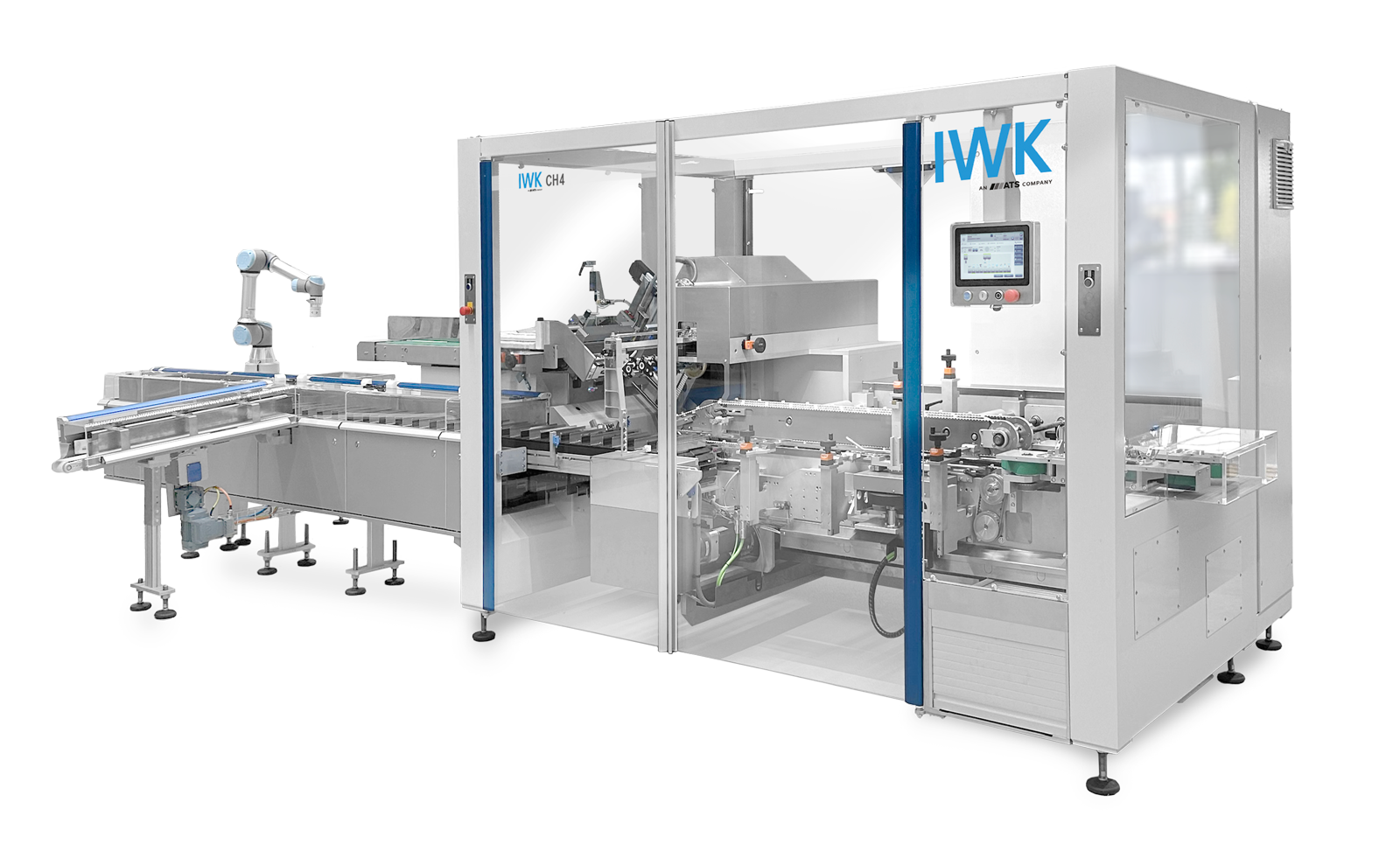 IWK CH4 Kartonierer mit modularer Verarbeitungseinheit und Schutzverglasung.