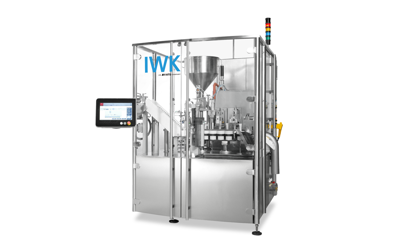 Tubenfüller IWK FP 18‑1 mit servogesteuertem Transportsystem, flexibler Stationsanordnung und ergonomischem Design für bis zu 70 Tuben pro Minute.