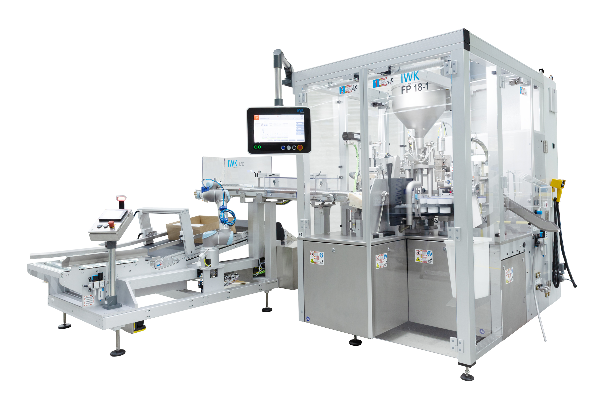 Tubenfüller IWK FP 18‑1 mit servogesteuertem Transportsystem, flexibler Stationsanordnung und ergonomischem Design für bis zu 70 Tuben pro Minute.